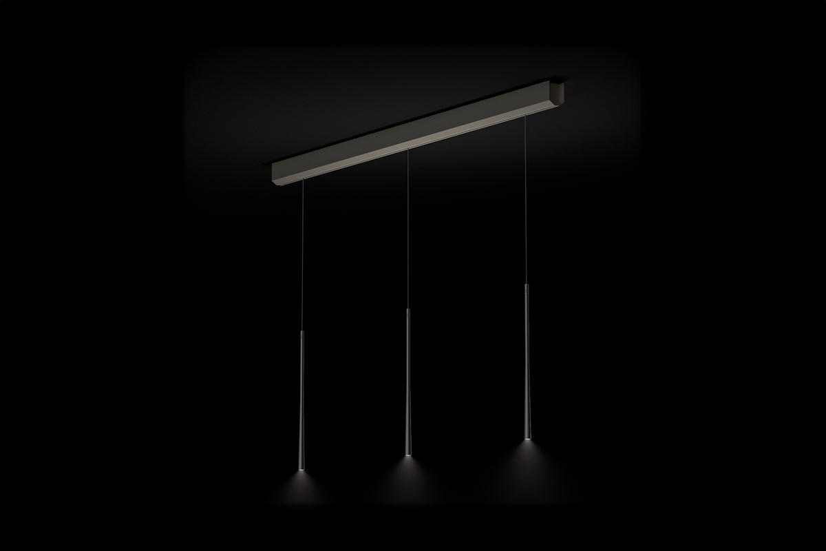 BORA Stars 3 Light Linear Pendant Black LSLSW - lifestyle shot installed above kitchen island