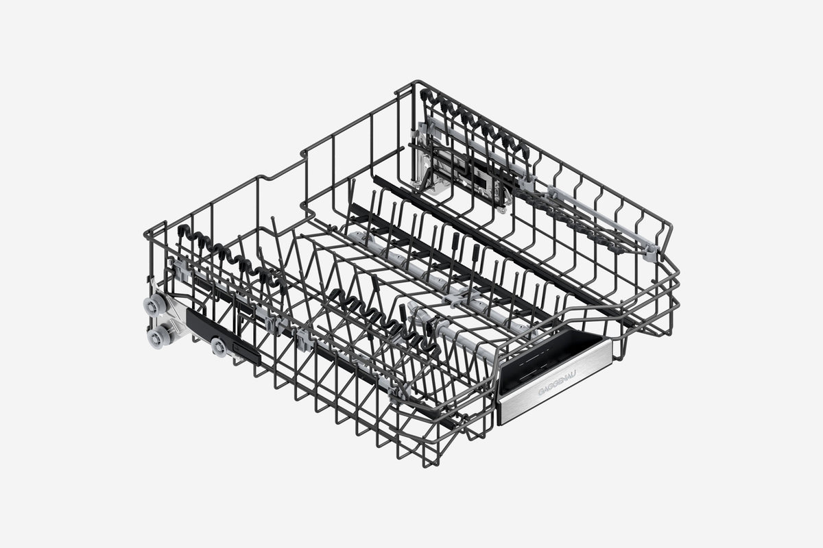 Gaggenau 200 Series Dishwasher DF260101 - door open showing interior rack and cutlery tray