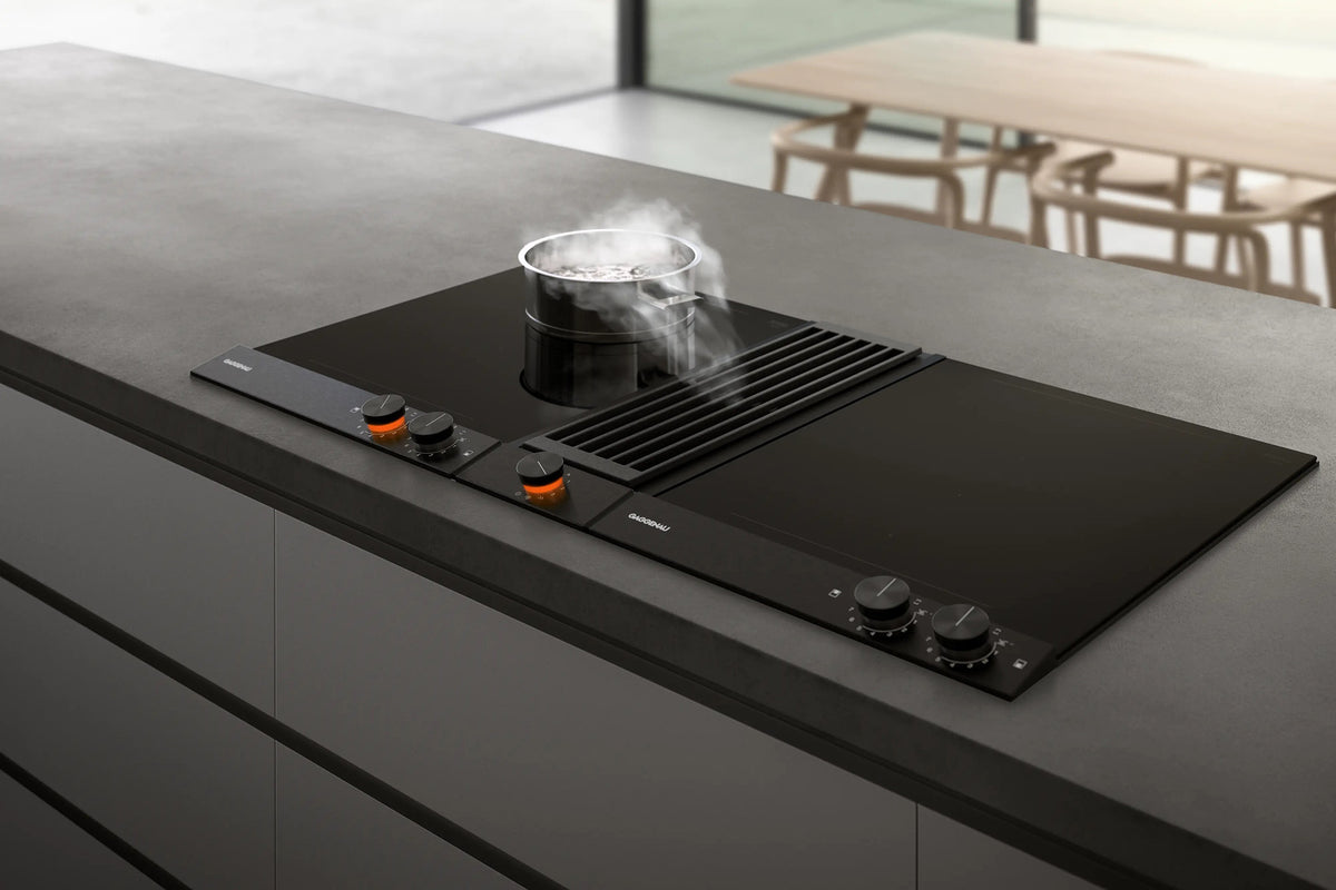 Gaggenau 200 Series Vario Downdraft Extractor VL200120 - angled view showing black aluminium module and extraction slot