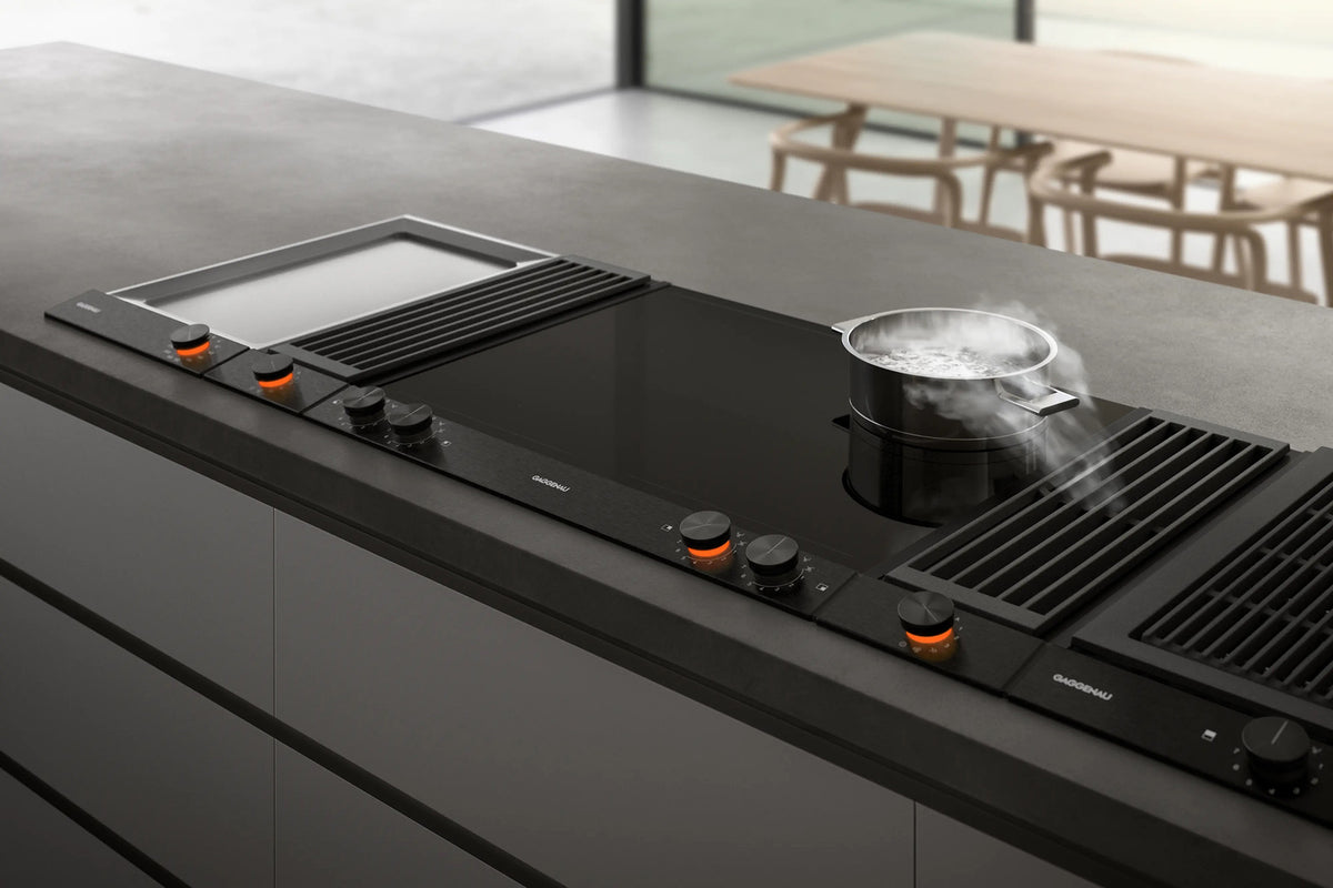 Gaggenau 200 Series Vario Downdraft Extractor VL200120 - close-up of black aluminium grille and housing detail