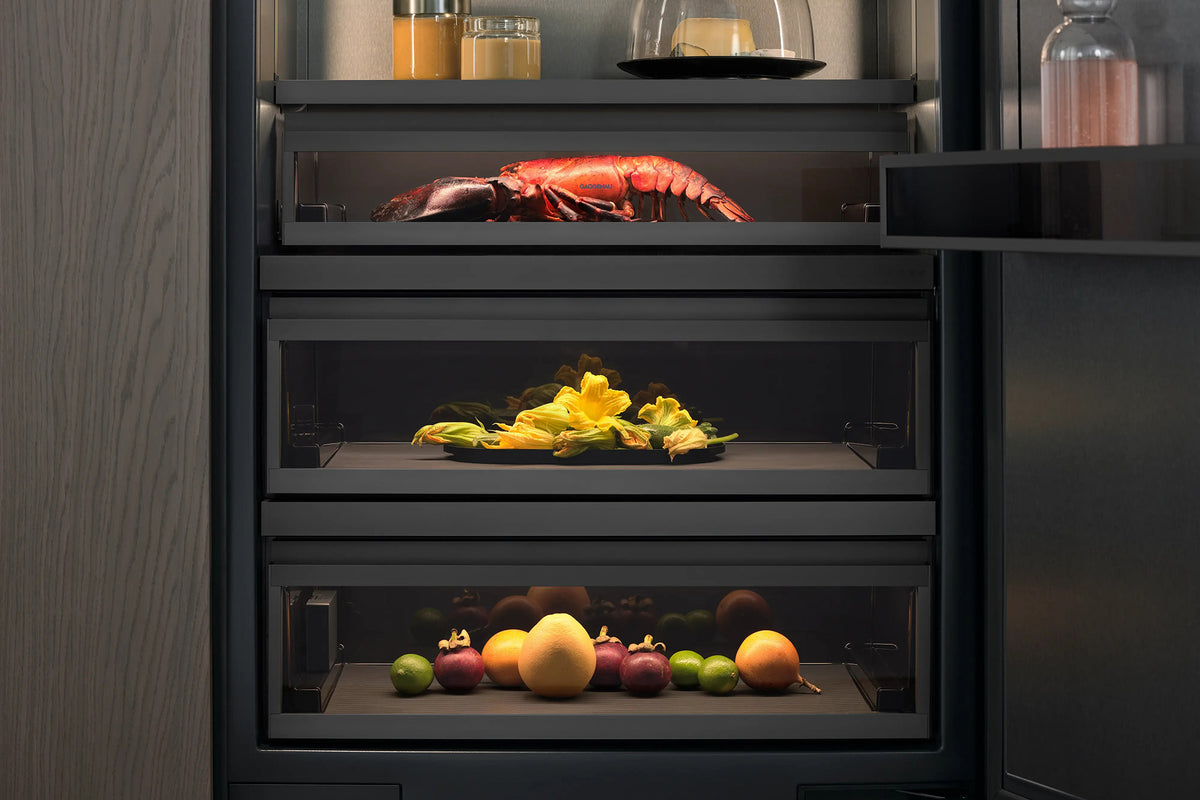 Gaggenau Expressive Series Vario Fridge RVC467190 - door open showing interior shelving and zones