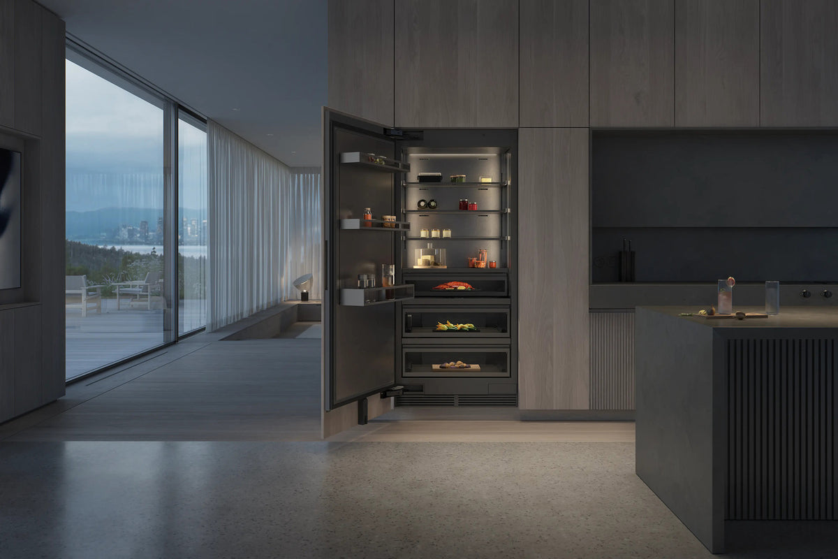 Gaggenau Expressive Series Vario Fridge RVC477190 - door open showing interior shelving and zones