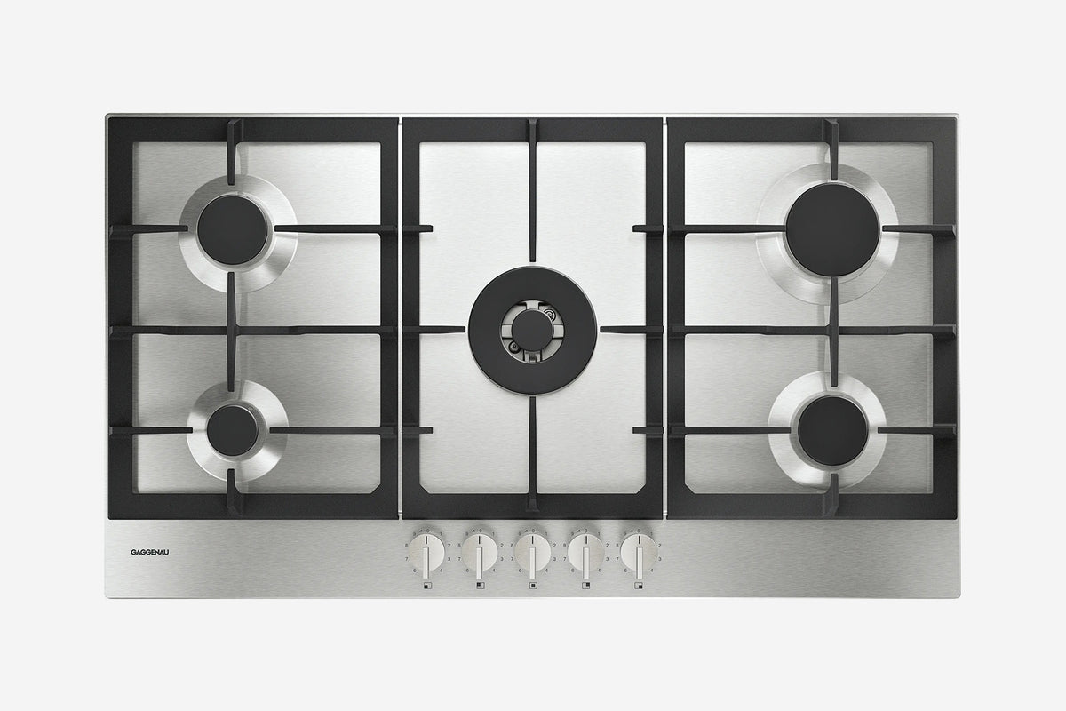 Gaggenau 200 Series 5 Burner Gas Cooktop CG291210 90cm - hero product shot, stainless surface with cast grates, top-down view