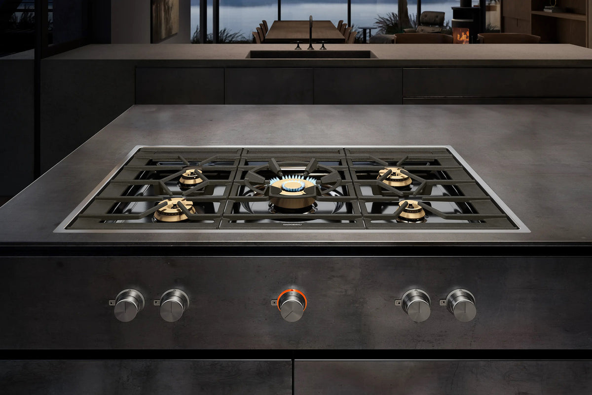 Gaggenau 400 Series 5 Burner Gas Cooktop CG492211 - angled view showing 5 burner layout and stainless frame