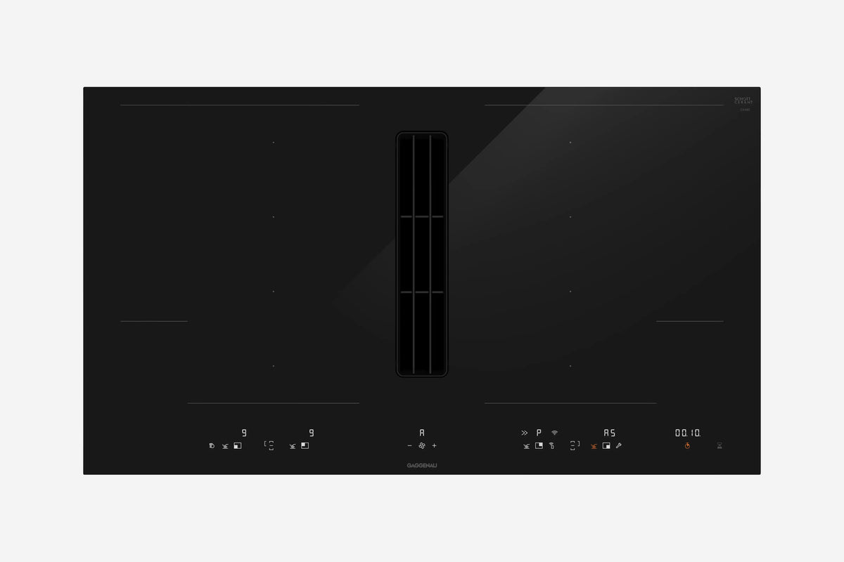 Gaggenau 400 Series Venting Flex Induction Cooktop CV492105 90cm - hero product shot, black glass surface, top-down view