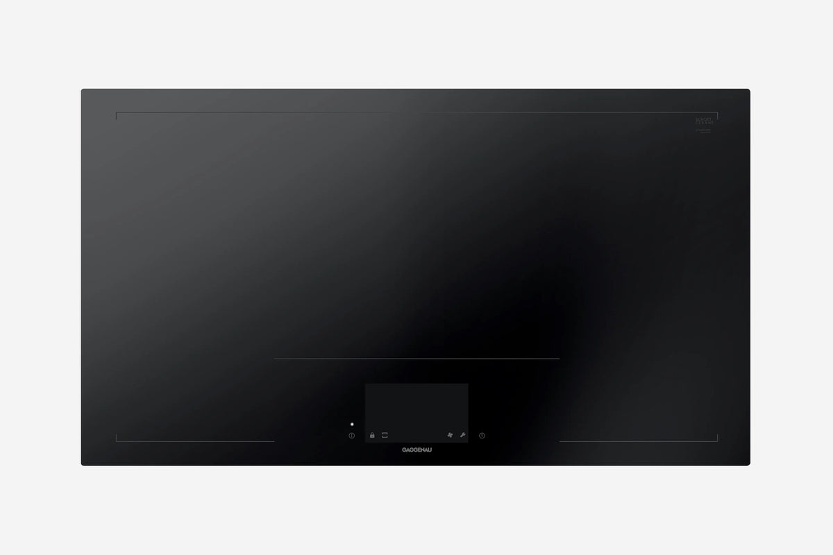 Gaggenau 400 Series Full Surface Induction Cooktop CX492101 90cm - hero product shot, seamless black glass surface, top-down view