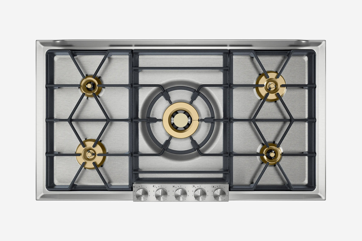 Gaggenau 200 Series 5 Burner Gas Cooktop VG295250 90cm - hero product shot, stainless surface with cast grates, top-down view