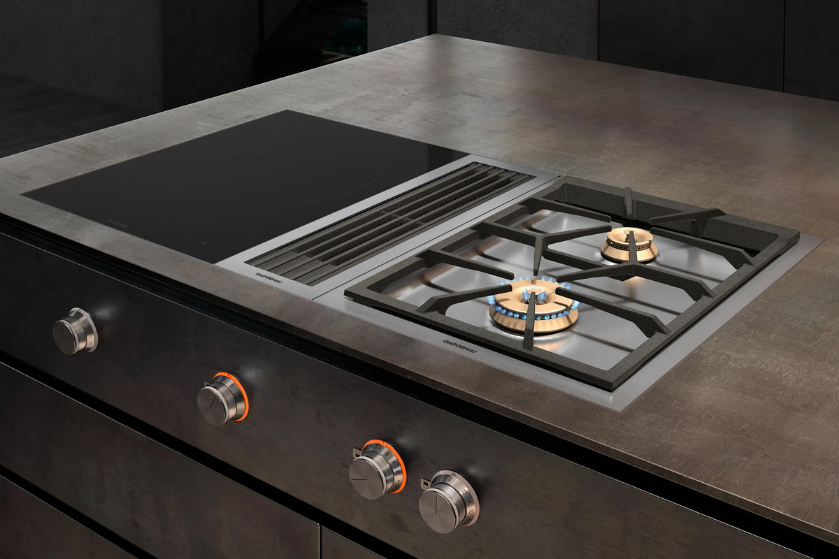 Gaggenau 400 Series Vario Double Burner Gas Cooktop VG425215 - angled view showing dual burner layout