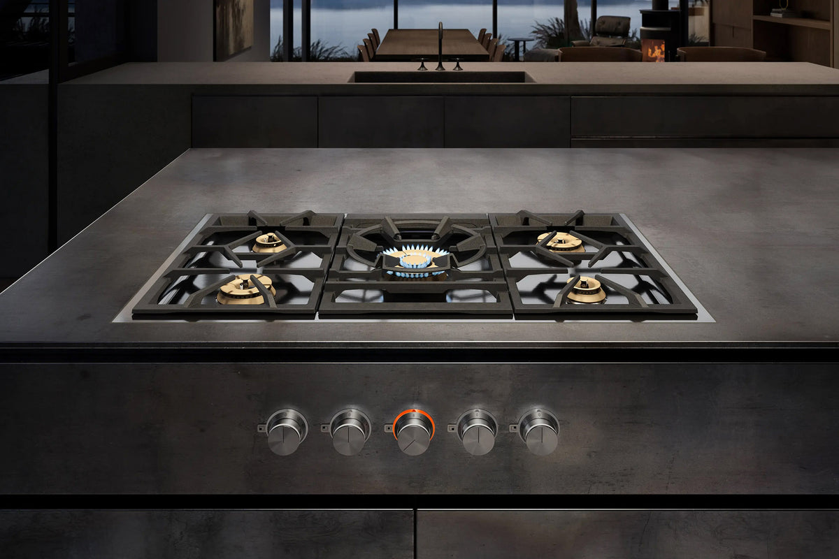Gaggenau 400 Series Vario Gas Cooktop VG491215 - angled view showing 5 burner layout and cast grates