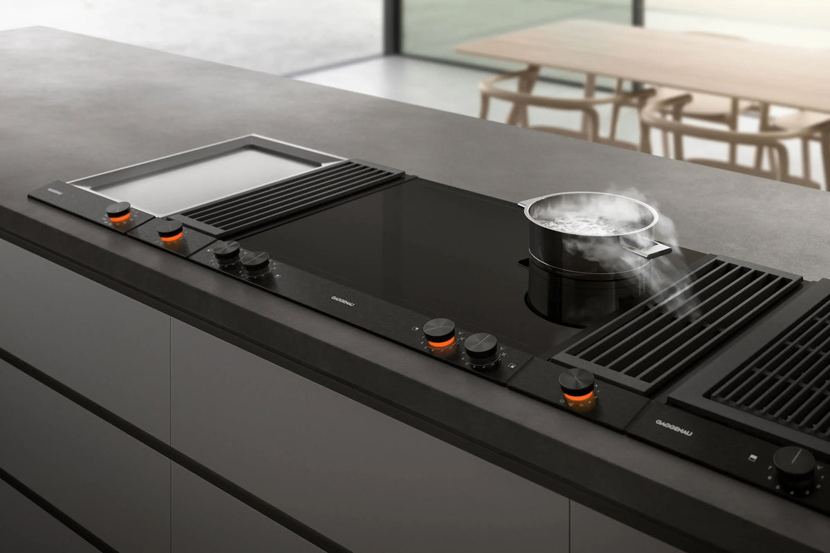 Gaggenau 200 Series Vario Electric Grill Cooktop VR230120 - angled view showing ribbed cast grill surface