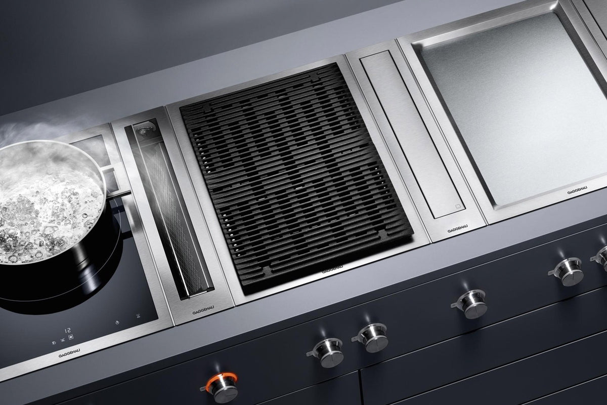 Gaggenau 400 Series Vario Electric Grill Cooktop VR414115 - angled view showing ribbed grill surface