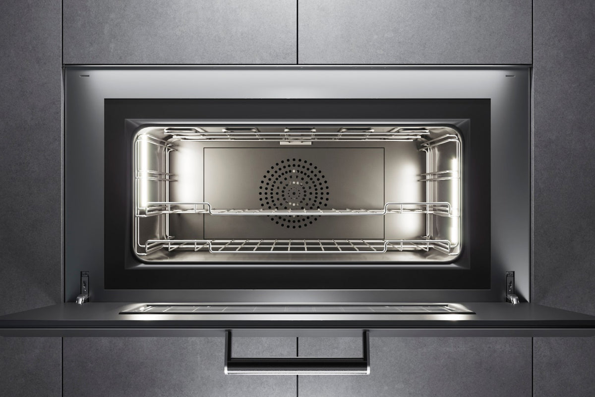 Gaggenau 90cm Built-in Oven EB333111 - door open showing large interior cavity and multiple rack positions