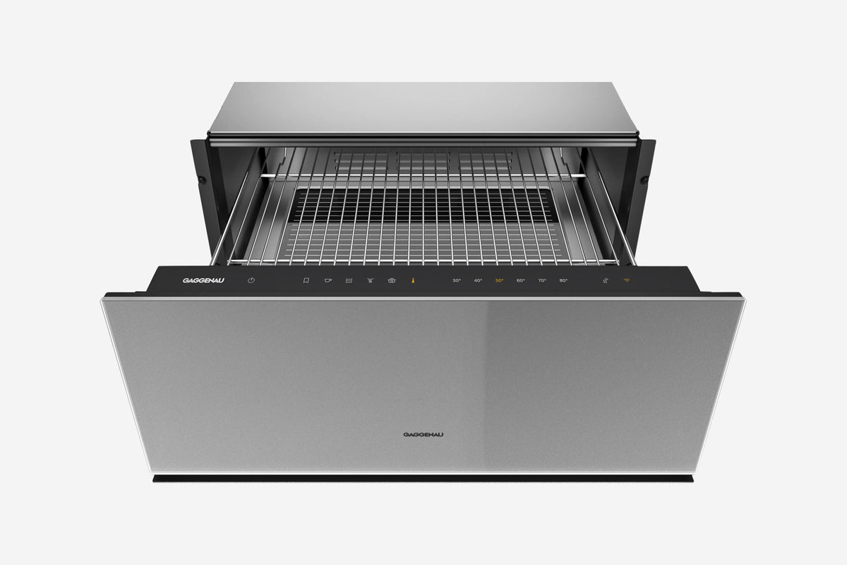 Gaggenau Minimalistic Series Warming Drawer GW252130 28cm in Gaggenau Sterling - hero product shot, closed sterling panel front view