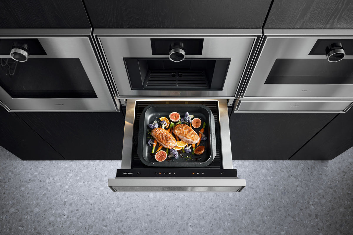Gaggenau Expressive Series Warming Drawer GW451120 - close-up of stainless steel front and touch controls