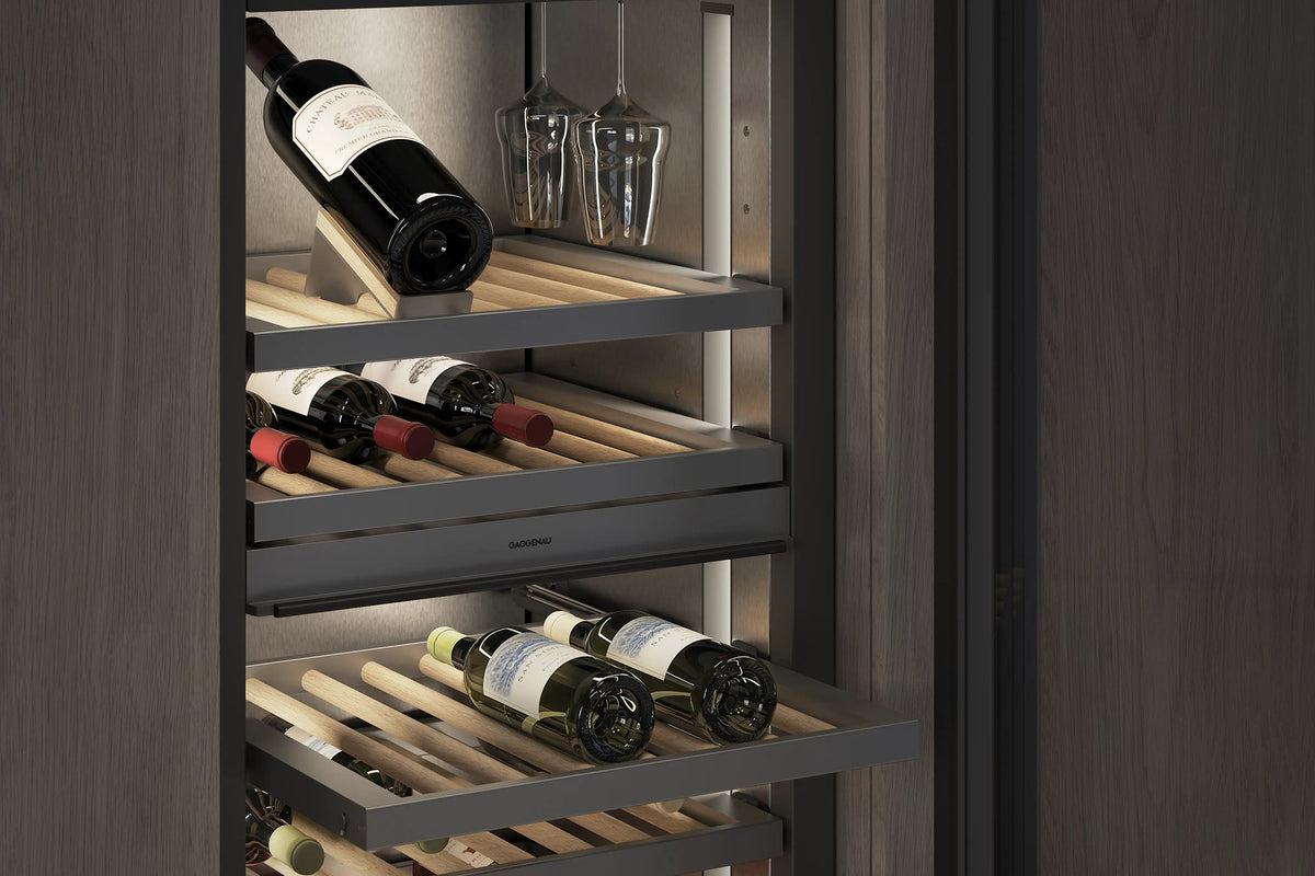 Gaggenau Expressive Series Vario Wine Climate Cabinet RVW467170 61cm - door open showing wine rack interior