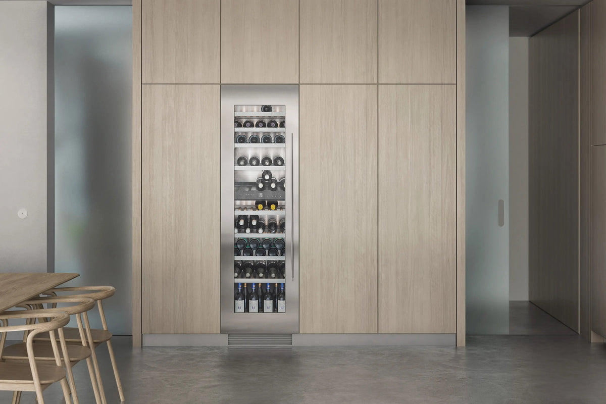 Gaggenau 200 Series Wine Climate Cabinet RW282263 - door open showing wine shelving and bottle storage