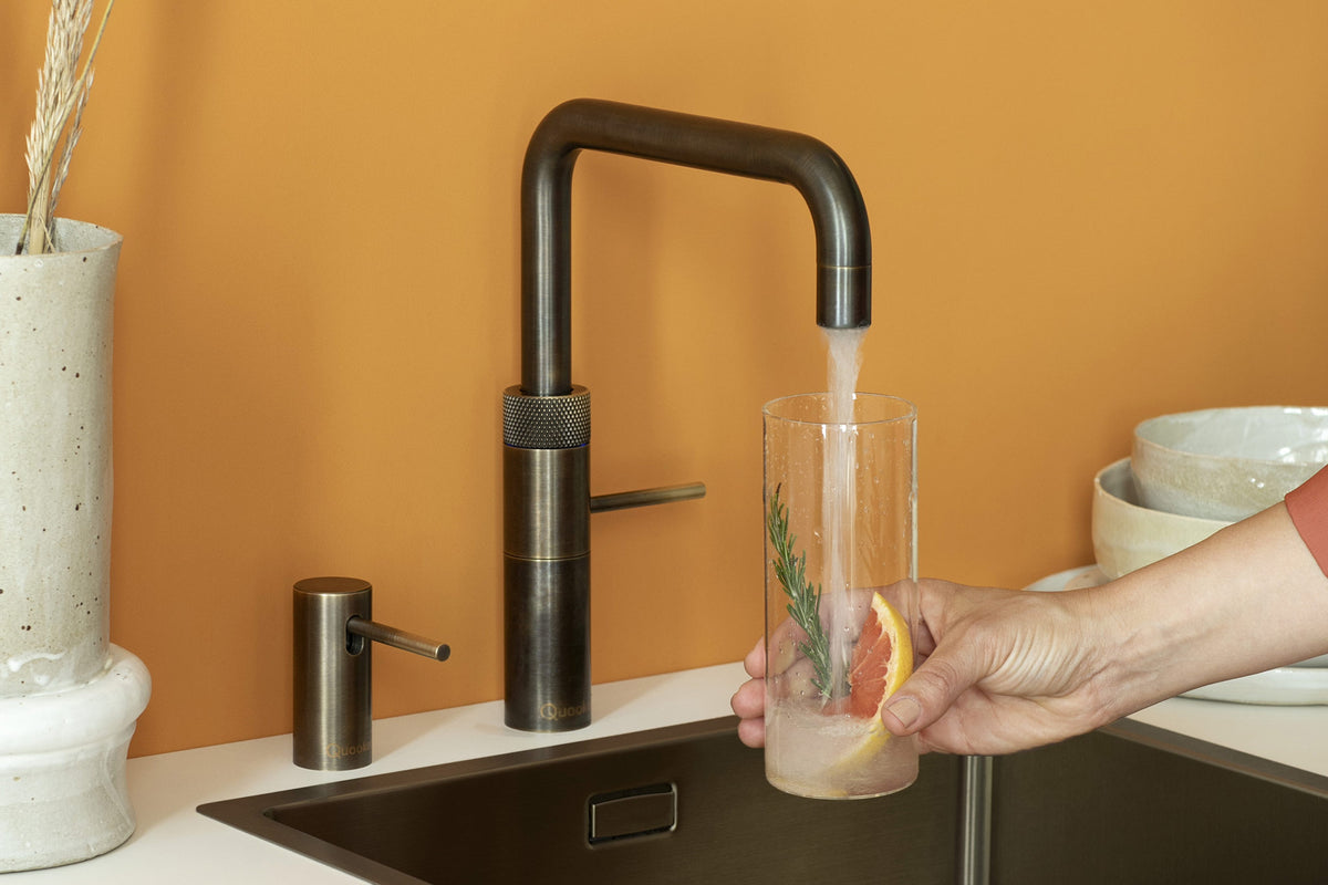 Quooker Fusion square boiling water tap in patinated brass