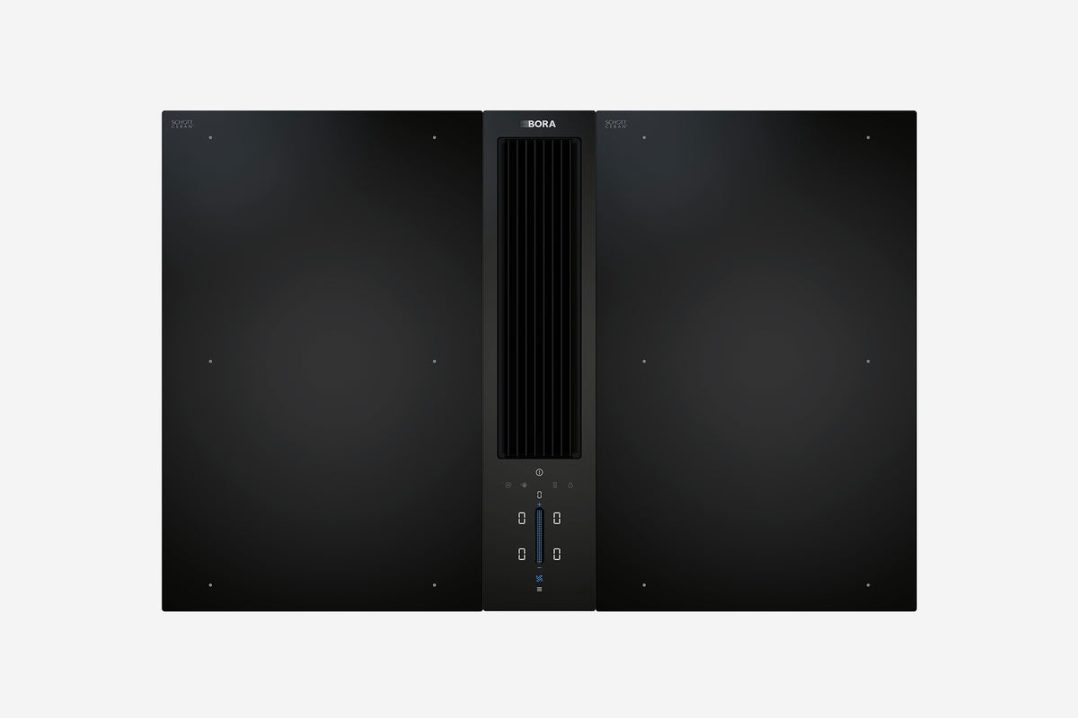 BORA Classic 2.0 Modular Hob - hero shot, all-black configured modular hob, top-down view
