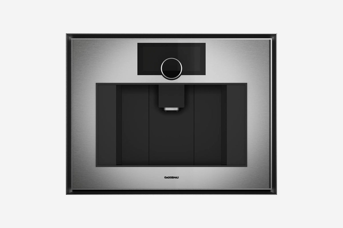 Gaggenau Expressive Series Plumbed Coffee Machine GC461120 60cm in stainless steel - hero product shot, closed front view