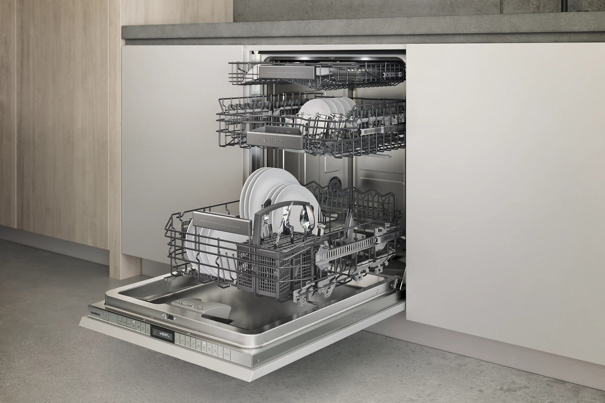 Gaggenau 200 Series Dishwasher DF270101 - door open showing cutlery tray and rack system