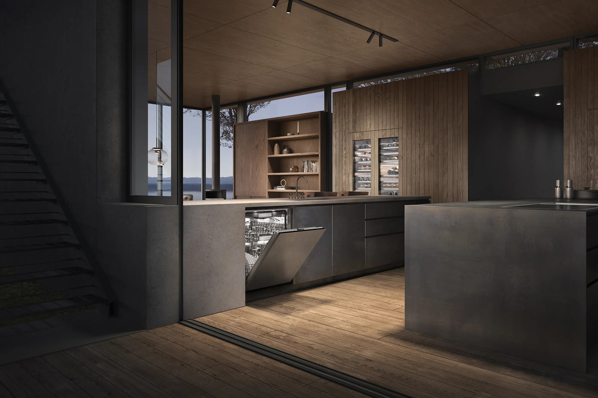 Gaggenau 400 Series Dishwasher DF480101 - door open showing cutlery tray and flexible rack system
