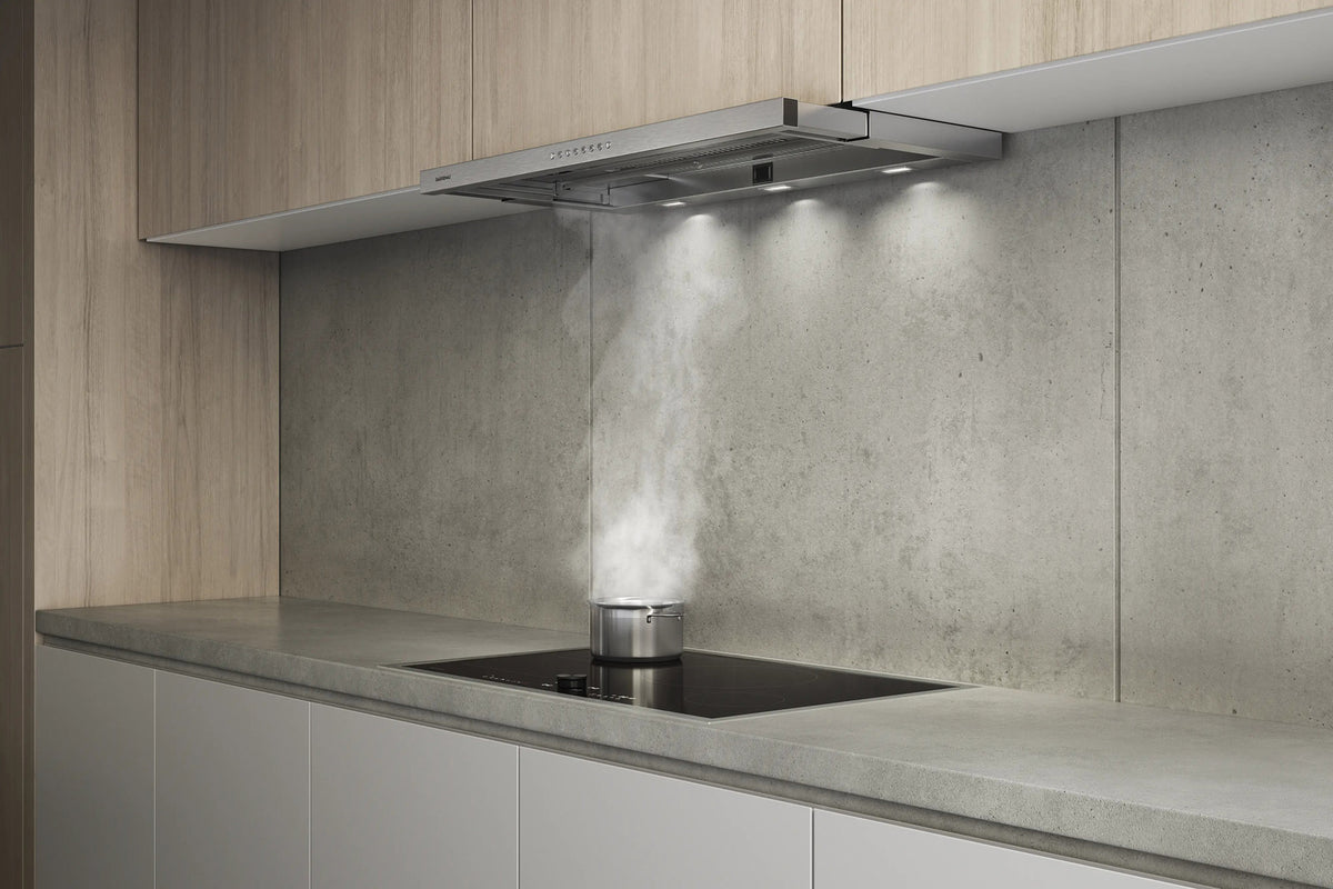 Gaggenau 200 Series Flat Kitchen Extractor Hood AF210192 - lifestyle shot installed under cabinetry above hob