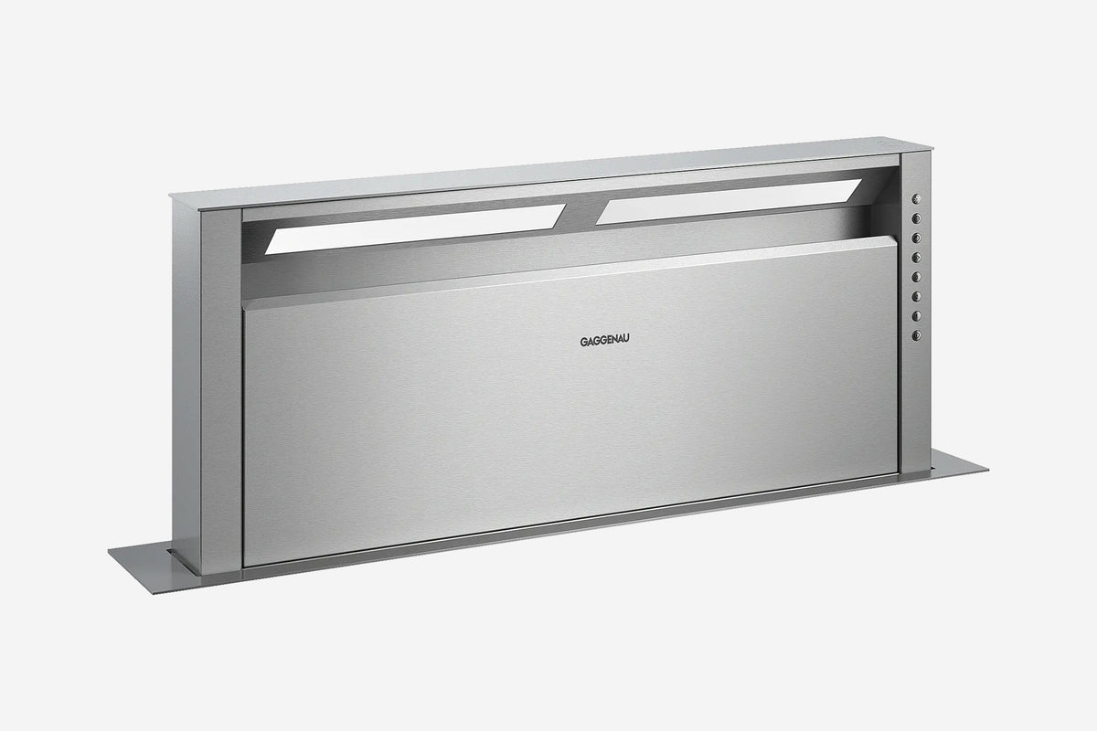 Gaggenau 400 Series Downdraft Extractor AL400192 90cm in stainless steel - hero product shot, retracted position, top view