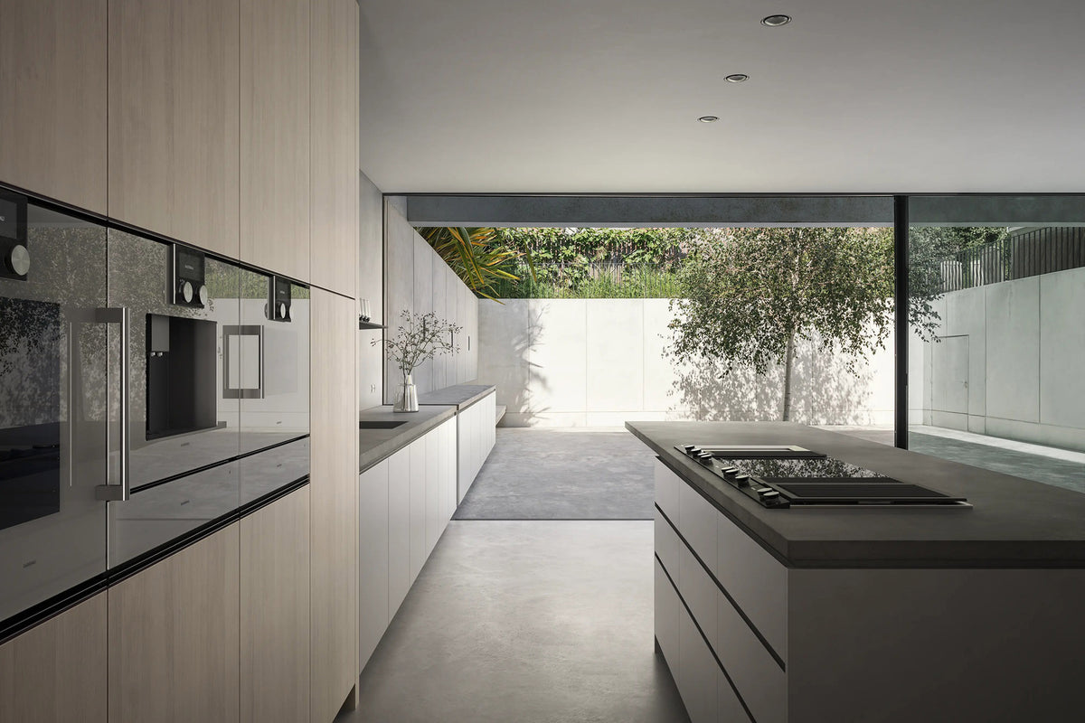 Gaggenau 200 Series Vario Downdraft Extractor VL200120 - in-use shot with extraction active above hob modules