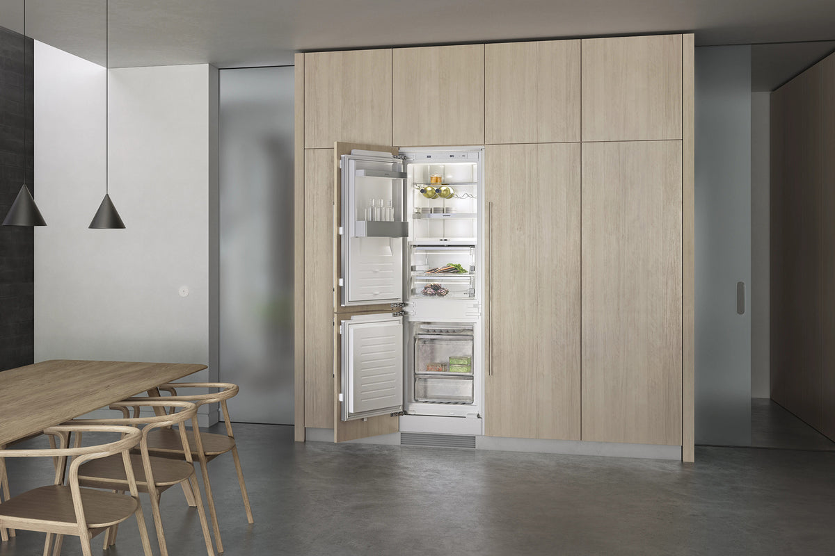 Gaggenau 200 Series Fridge-Freezer Combination RB282306 - door open showing interior shelving and freezer compartment