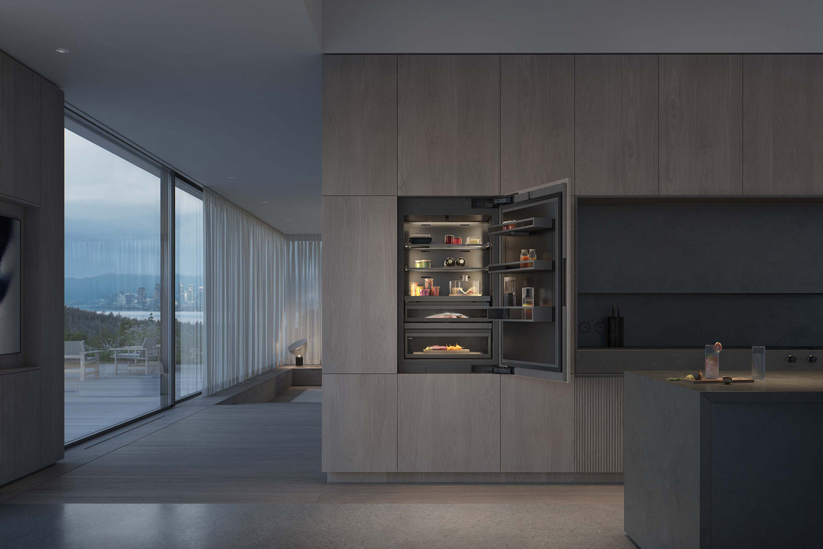 Gaggenau Expressive Series Vario Fridge-Freezer RVB477190 - door open showing interior shelving and zones
