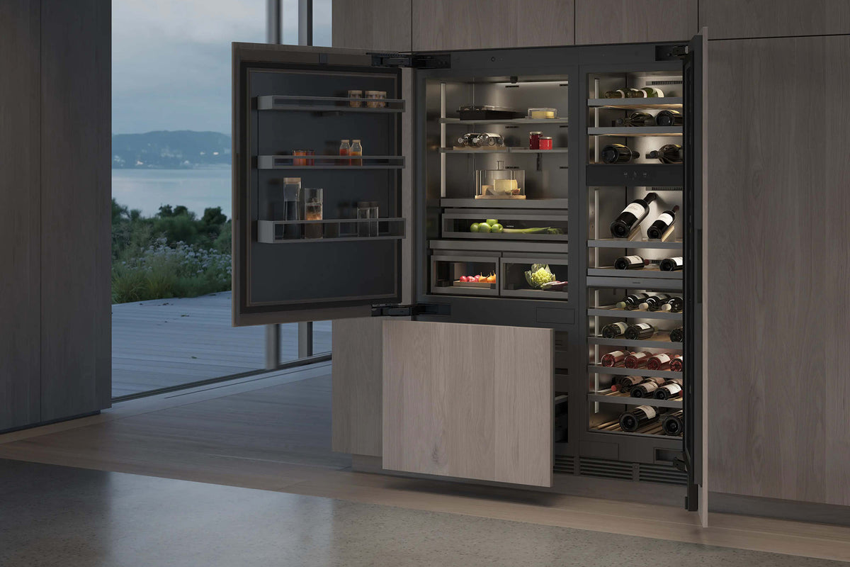 Gaggenau Expressive Series Vario Fridge-Freezer RVB497190 - door open showing interior shelving and zones