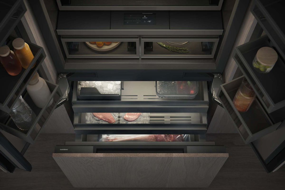Gaggenau Expressive Series Vario French Door Fridge-Freezer RVY497190 - lifestyle kitchen installation shot, integrated into cabinetry