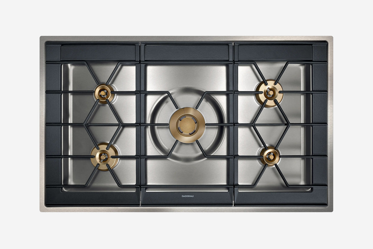 Gaggenau 400 Series 5 Burner Gas Cooktop CG492211 100cm - hero product shot, stainless surface with cast grates, top-down view