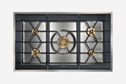 Gaggenau 400 Series 5 Burner Gas Cooktop CG492211 100cm - hero product shot, stainless surface with cast grates, top-down view