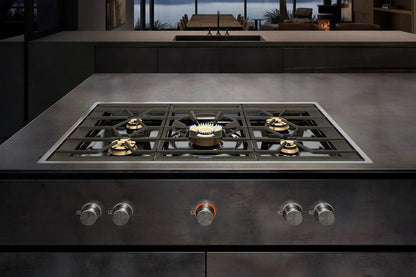 Gaggenau 400 Series 5 Burner Gas Cooktop CG492211 - angled view showing 5 burner layout and stainless frame