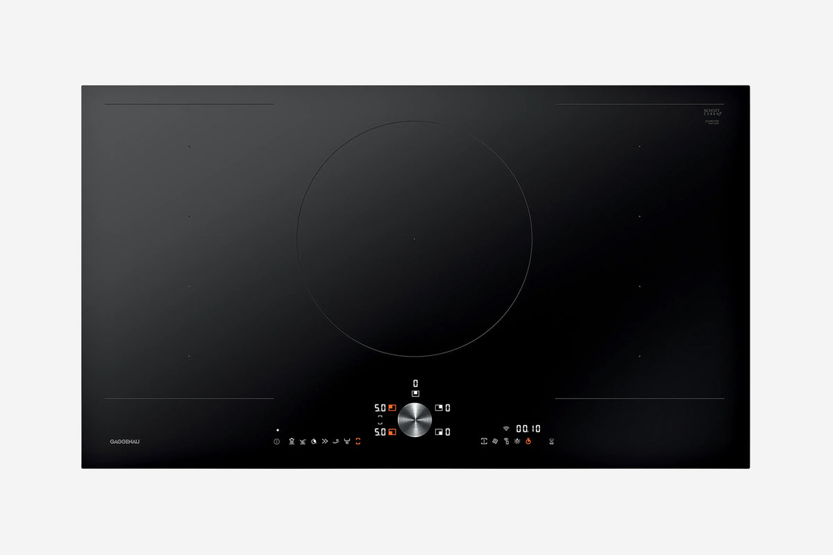 Gaggenau 200 Series Flex Induction Cooktop CI292102 90cm - hero product shot, black glass surface, top-down view