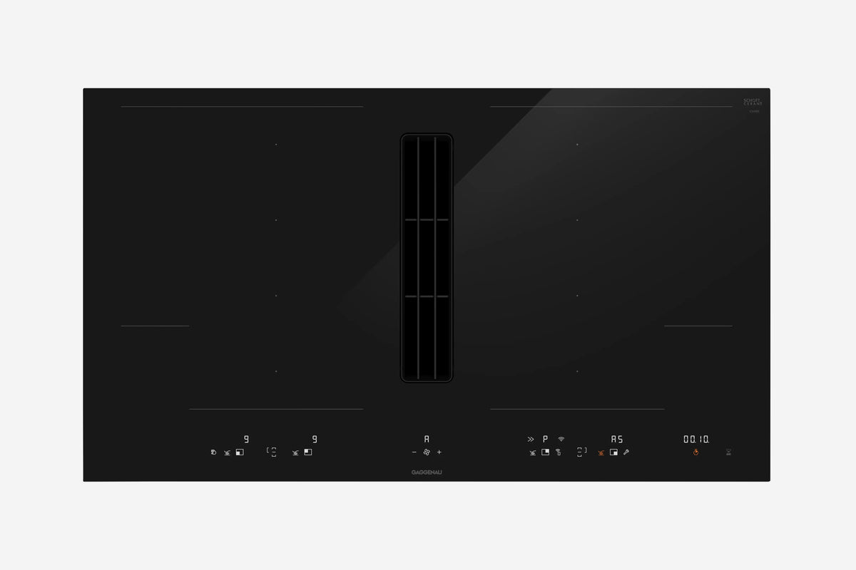 Gaggenau 400 Series Venting Flex Induction Cooktop CV482105 80cm - hero product shot, black glass surface, top-down view