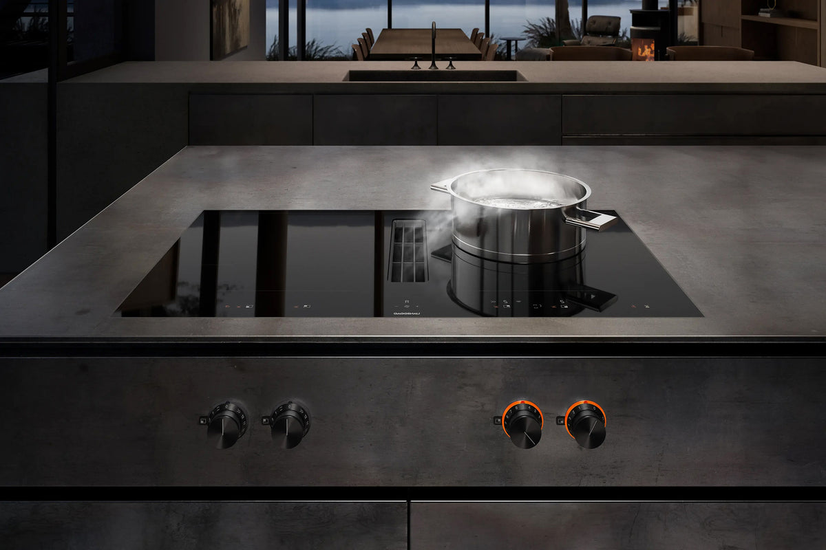 Gaggenau 400 Series Venting Flex Induction Cooktop CV482105 - angled view showing integrated extractor slot