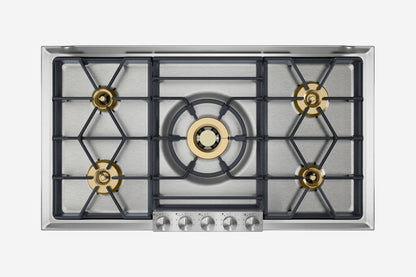 Gaggenau 200 Series 5 Burner Gas Cooktop VG295250 90cm - hero product shot, stainless surface with cast grates, top-down view