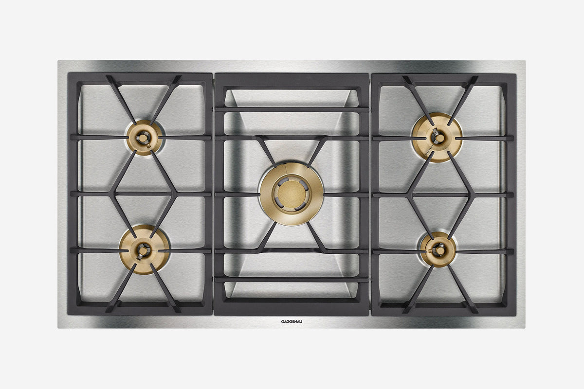 Gaggenau 400 Series Vario Gas Cooktop VG491215 90cm 5 burner - hero product shot, stainless cast grates, top-down view
