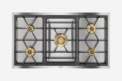 Gaggenau 400 Series Vario Gas Cooktop VG491215 90cm 5 burner - hero product shot, stainless cast grates, top-down view