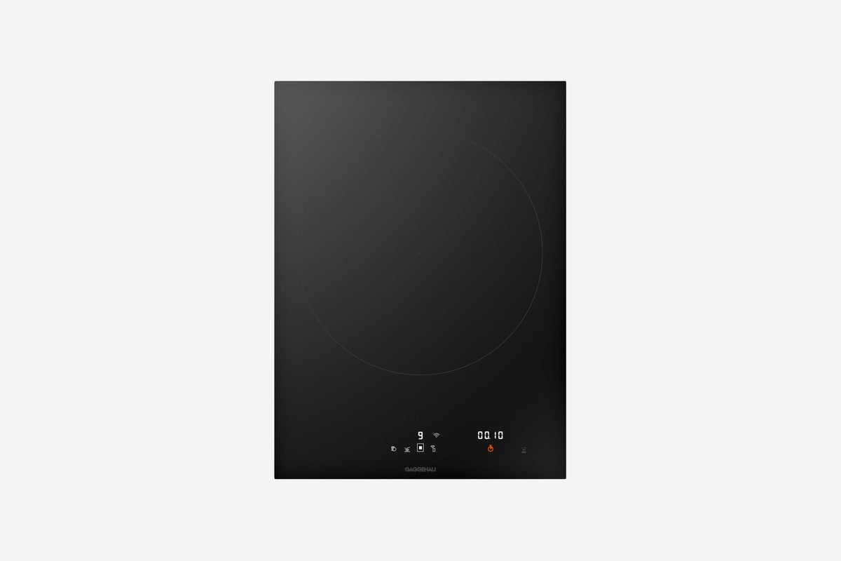 Gaggenau 400 Series Vario Induction Cooktop VI414105 38cm - hero product shot, black glass module, top-down view