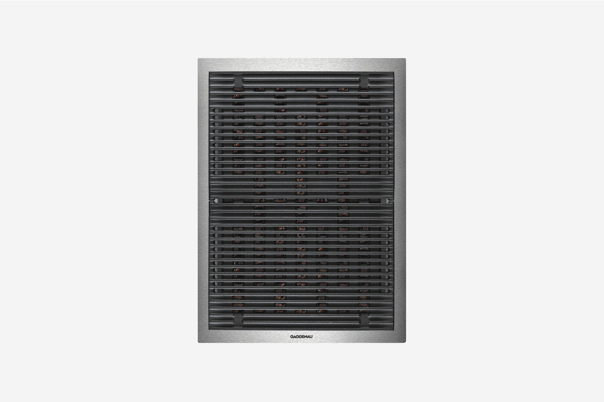 Gaggenau 400 Series Vario Electric Grill Cooktop VR414115 38cm - hero product shot, ribbed grill module, top-down view