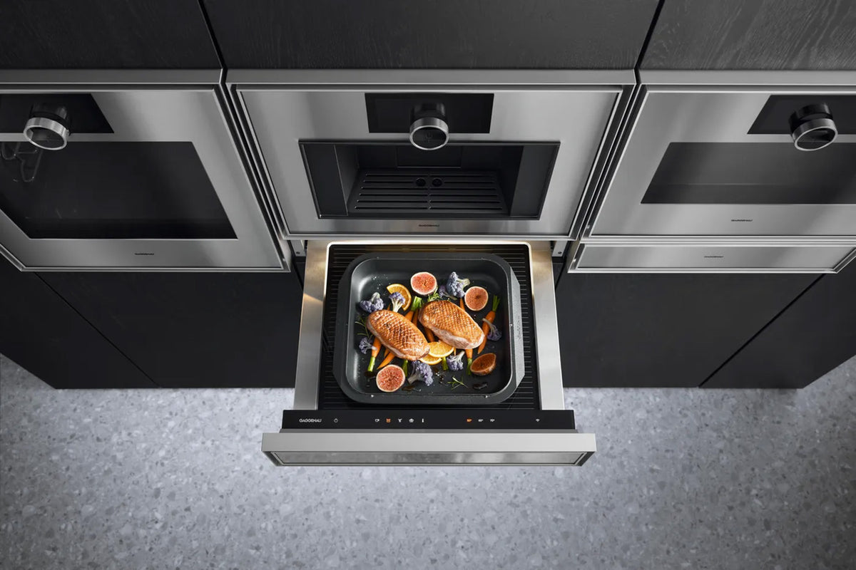 Gaggenau Expressive Series Fully Integrated Warming Drawer GW051190 - drawer open showing interior rack and cavity